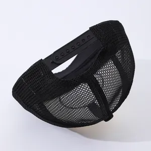 Rear view of black mesh snapback trucker hat with adjustable plastic strap closure