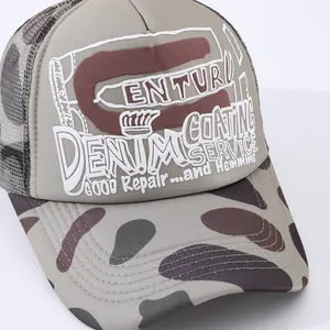 Vintage khaki and camo trucker hat with Century Denim print and breathable black mesh