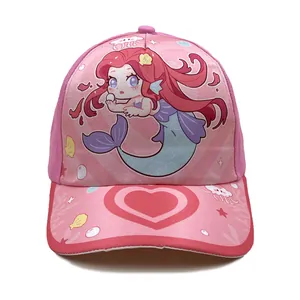 Pink cartoon mermaid baseball cap for kids with wide brim and sea elements print