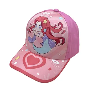 Pink kids baseball cap with cartoon mermaid print and heart pattern on the brim