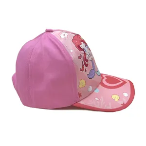 Pink mermaid cartoon baseball cap for children with wide brim and ocean prints