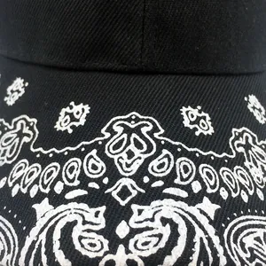 Gros plan d'une casquette baseball noire à motif paisley montrant la texture du sergé