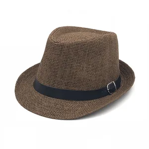Chapeau fedora en paille marron foncé pour homme avec ceinture noire pour protection solaire