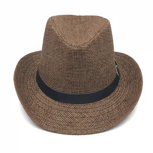Classico cappello fedora in paglia marrone con cinta nera e tesa larga per il sole