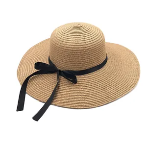 Chapeau de Paille d'Été à Large Bord Pliable pour Femme Avec Décoration de Nœud en Satin Élégant pour Plage et Voyage