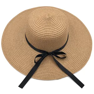 Chapeau de soleil en paille à large bord avec ruban noir, style plage été kaki naturel