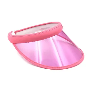 Detailed view of pink transparent PVC sun visor with sweat-wicking fabric headband