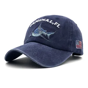 Navy blue washed cotton shark baseball cap with original embroidery and flag patch