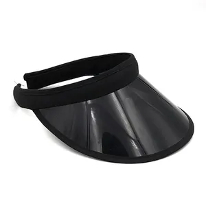 Detail of black PVC sun visor with breathable fabric headband and stitching texture