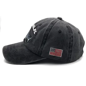 Charcoal washed cotton baseball cap with Marlin embroidery and US flag patch
