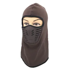 Detail of brown fleece balaclava featuring breathable air flow rubber face mask