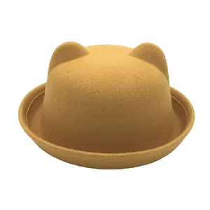 Khaki wool felt hat with cute cat ears and rolled brim for children in winter