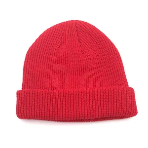 Classic red ribbed knit beanie hat with wide cuff for winter warmth on white background