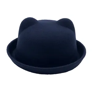 Detailed view of navy blue cat ear felt hat with soft wool texture and round brim style