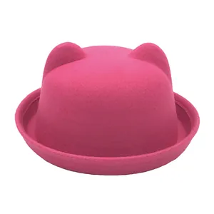 Pink felt wool bowler hat with cute cat ears and rolled brim for girls and kids