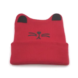 Baby Knitted Beanie Hat Cat Ears Winter Warm Cartoon Animal Pattern Rolled Edge Soft Knit Cap For Infant Toddler Kid
