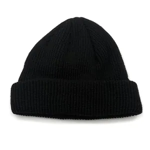 Classic black ribbed knit beanie hat with a wide folded cuff on a white background
