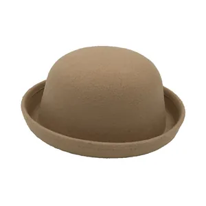 Detailed view of the texture on khaki wool felt round top bowler hat with curled brim