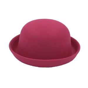 Elegant rose red wool felt bowler hat with rounded crown and curled brim for kids