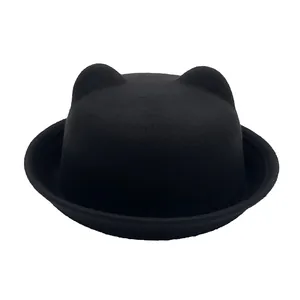 Cute Round Top Cat Ear Bowler Hat 100% Polyester Rolled Edge Warm Winter Felt Hat For Kids Women Fashion Daily Headwear