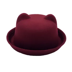 Kids warm burgundy felt bowler hat with cute cat ears and rolled brim design
