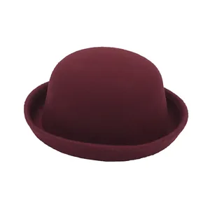 Classic burgundy wool felt bowler hat for women featuring a retro upturned brim design