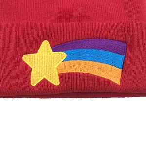 Red Gravity Falls beanie with rainbow star embroidery for winter skiing and casual wear