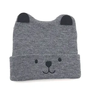 Grey infant knit beanie with 3D ears and cartoon bear embroidery for autumn and winter