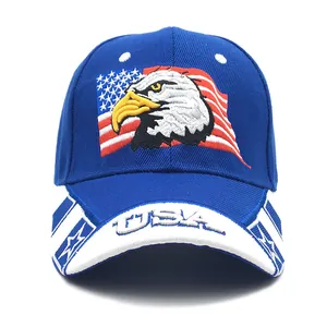 Detail der Adler- und Flaggenstickerei auf einer dunkelblauen Baseballkappe mit USA-Schrift