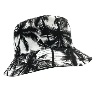 Vintage Coconut Tree Print Cotton Bucket Hat Retro Sunshade Sun Hat Casual Travel Beach Outdoor Fisherman Hat For Women Men
