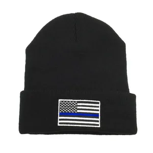 Bonnet en Tricot Avec Broderie Drapeau Américain Thin Blue Line Pour Hommes Femmes Hiver Chaud Extérieur Ski Noir