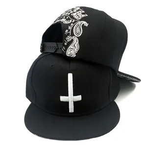 Hip Hop Black Snapback Baseball Cap With Inverted Cross 3D Embroidery Paisley Print Flat Brim Adjustable Hat For Men Women