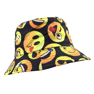 Chapeau Bob Réversible Unisexe Imprimé Emoji en Coton Protection Solaire Chapeau de Pêcheur Décontracté Streetwear Hip Hop