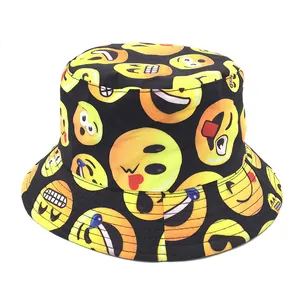 Chapeau bob noir réversible avec imprimé emoji jaune pour hommes et femmes