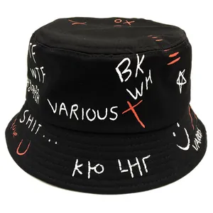Streetwear black bucket hat with white and orange graffiti prints and casual trendy design