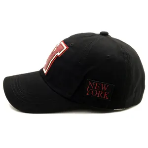 Classic black New York baseball cap with red 3D embroidery and side patch design
