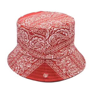 Reversible red paisley fisherman hat with white vintage patterns for outdoor sun protection