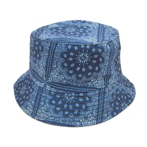 Blauer Fischerhut mit Paisley-Muster für Damen, faltbarer Sommer-Sonnenschutz-Hut aus Baumwolle