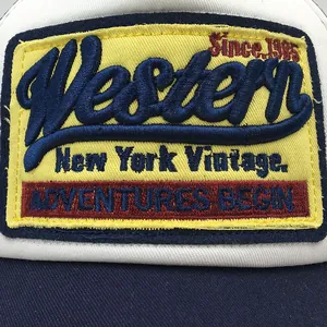 New York Vintage mesh baseball cap featuring Western embroidery and navy blue brim