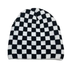Bonnet en Tricot d'Hiver Unisexe Damier Noir Blanc Imprimé Vache Zèbre Léopard Chaud Skull Cap Accessoires Streetwear