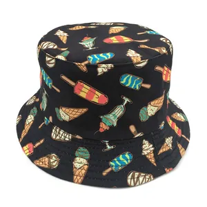 Unisex black bucket hat with colorful ice cream prints for casual outdoor sun protection