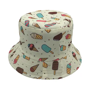 Retro ice cream print bucket hat in beige cotton for outdoor sun protection