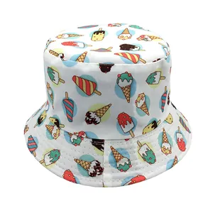 Detailed close-up showing the vibrant ice cream print on the white canvas bucket hat fabric