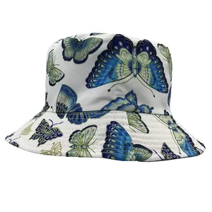 Women Cotton Butterfly Print Bucket Hat Double Sided Wearable Outdoor Sun Protection Folding Fisherman Cap Streetwear Headwear