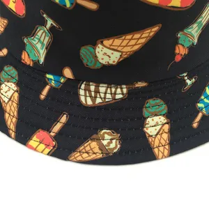 Black bucket hat with colorful ice cream print and reinforced stitching details