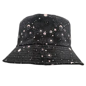 Unisex Cotton Reversible Bucket Hat Celestial Galaxy Moon Star Print Double Sided Sun Protection Outdoor Summer Travel Hat