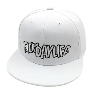 White snapback baseball cap with black letter embroidery in a classic hip-hop style