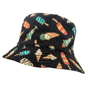 Vintage Ice Cream Banana Print Cotton Bucket Hat For Men Women Outdoor Casual Sun Hat Double Sided Breathable Fisherman Hat
