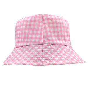 Cappello da Pescatore in Cotone Gingham a Doppia Faccia Donna Rosa Bianco Quadretti Parasole Casual Spiaggia