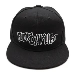 Classic black snapback baseball cap with white 3D embroidery for street hip-hop style